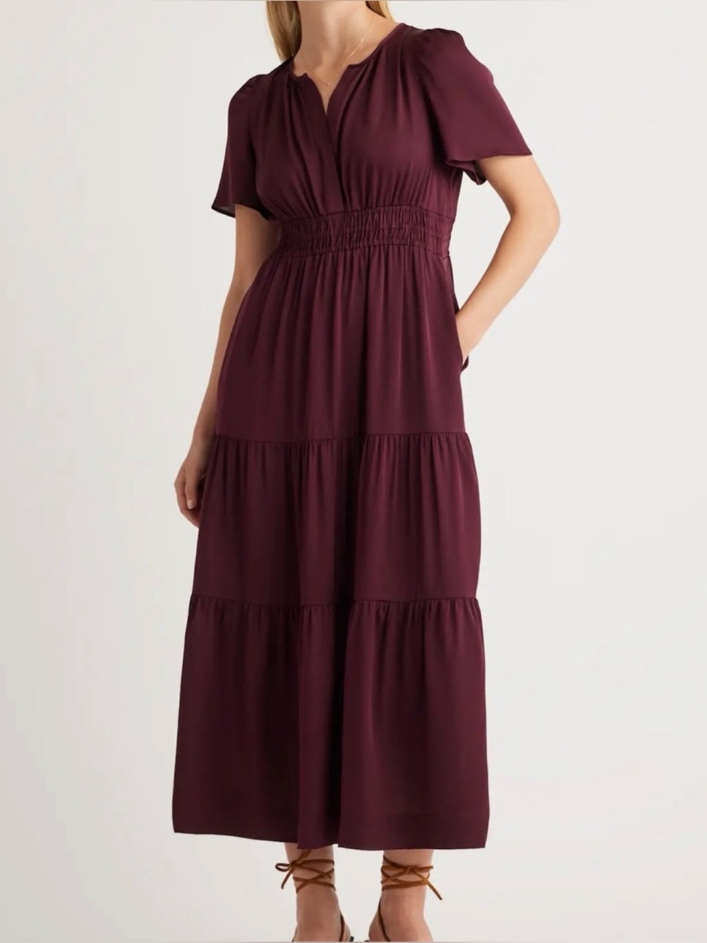 NWT Quince Washable Stretch Silk Tiered Maxi Dress Wine Tasting Red L